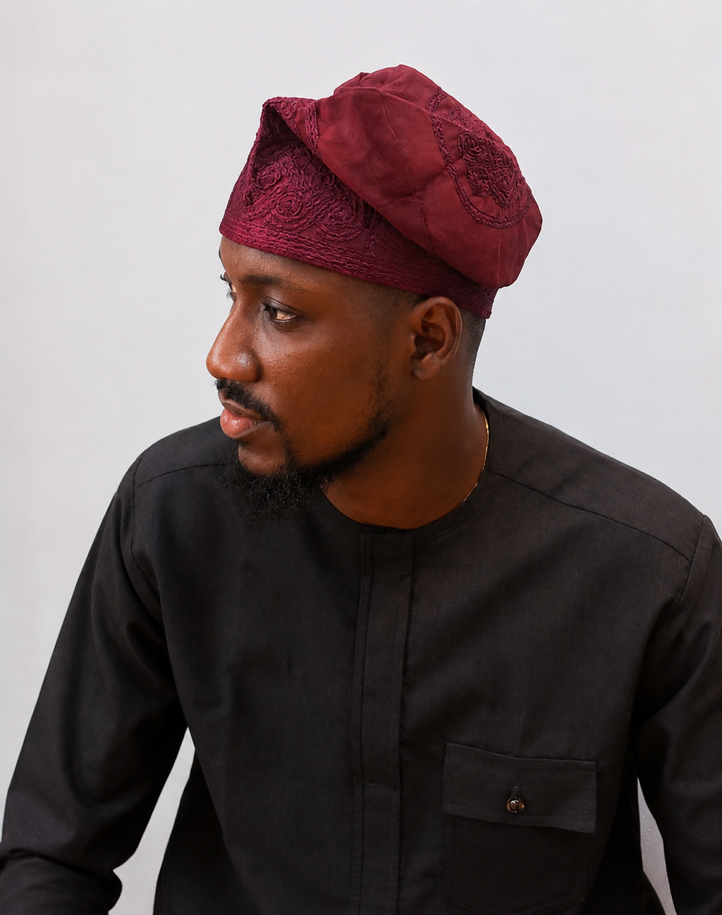Burgundy Velvet Monotone Embroidered Yorùbá Cap