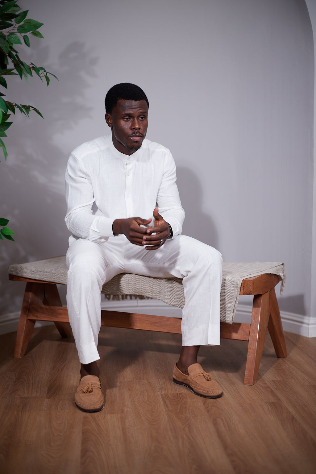 White Linen Set — Mandarin Shirt & Drawstring Pant