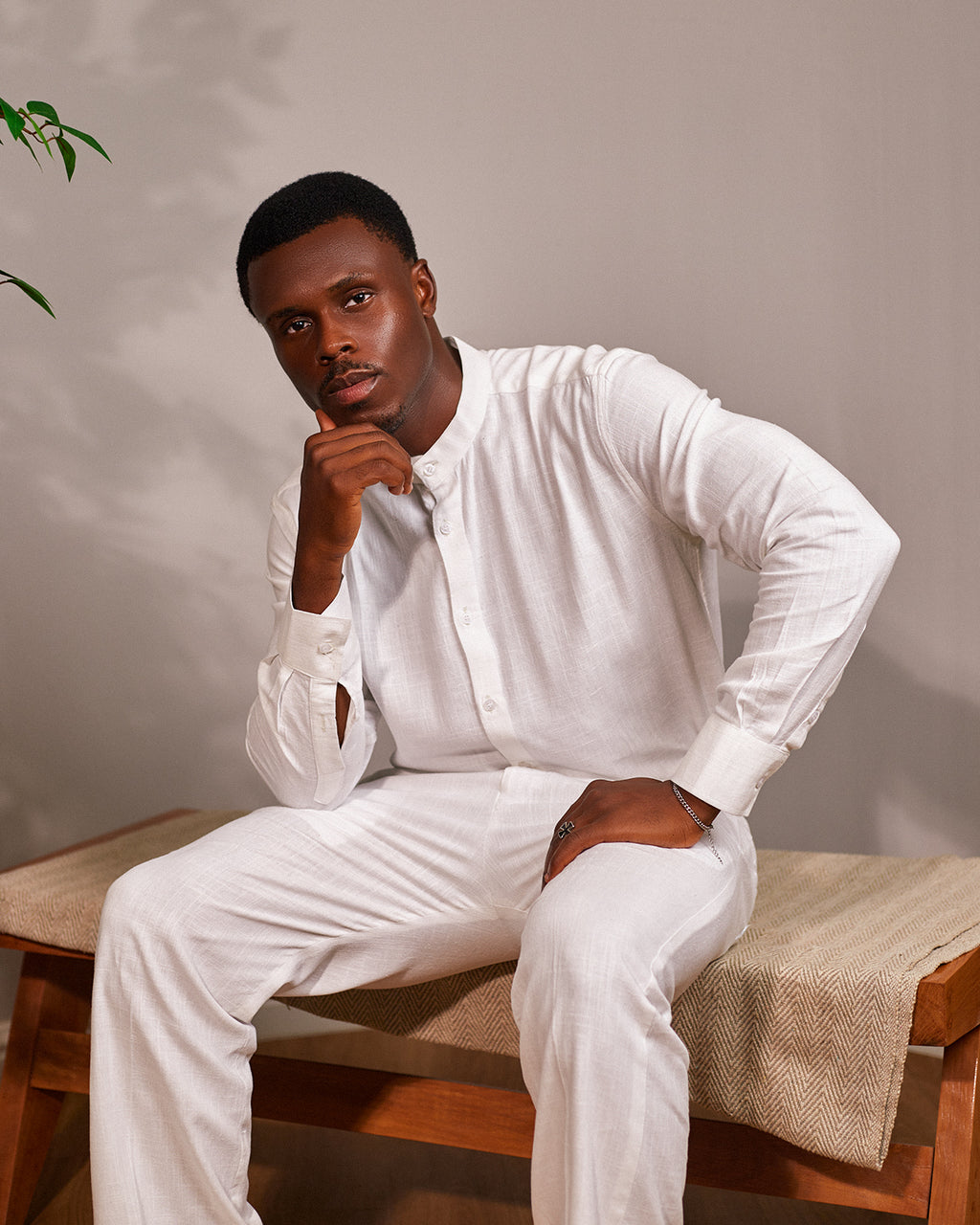 White Linen Set — Mandarin Shirt & Drawstring Pant