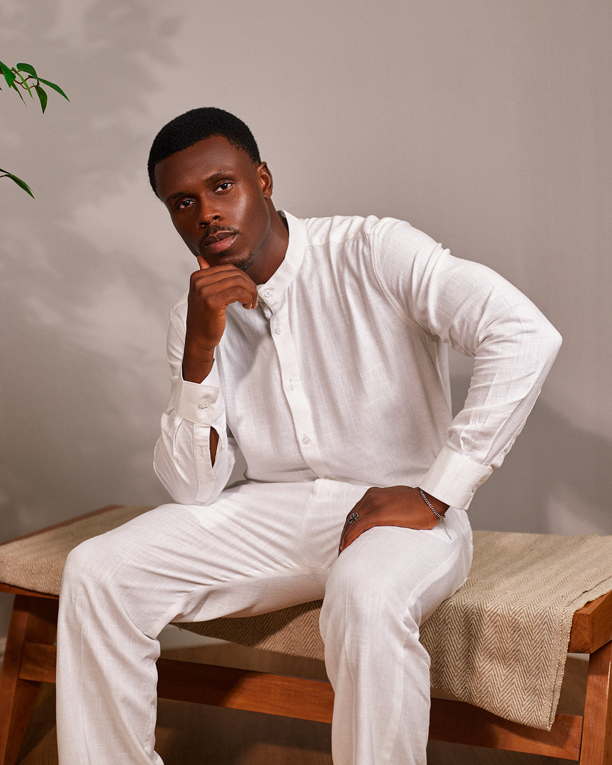 White Linen Set — Mandarin Shirt & Drawstring Pant