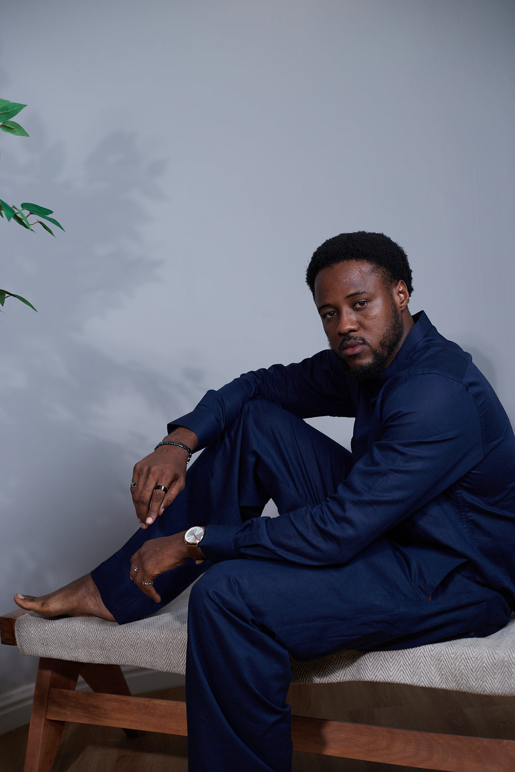 Navy Linen Set — Mandarin Shirt & Drawstring Pant
