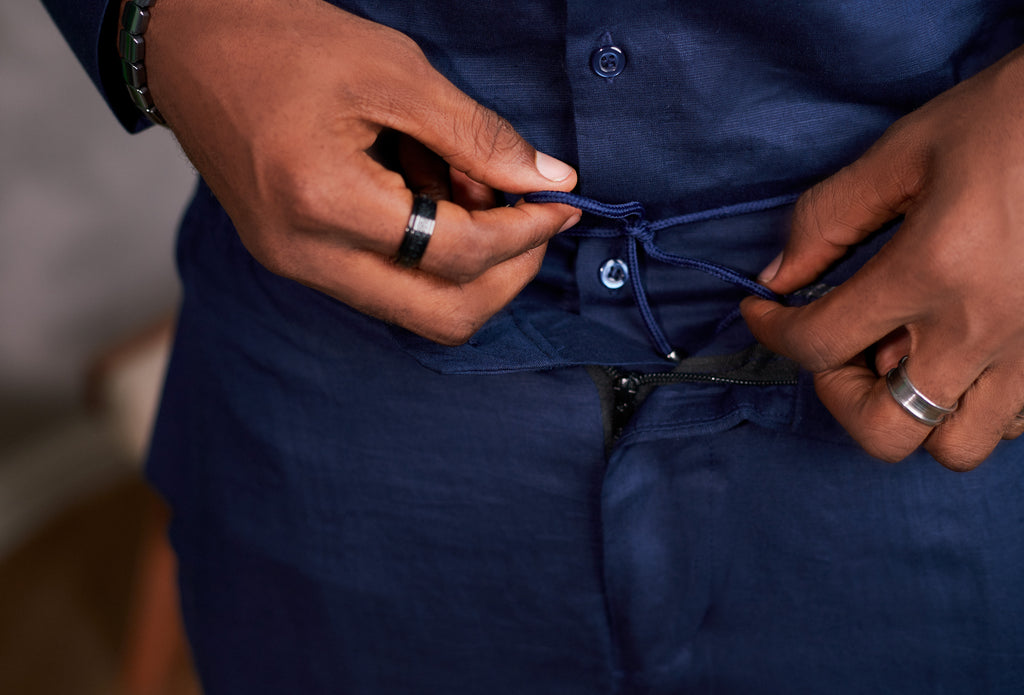 Navy Linen Set — Mandarin Shirt & Drawstring Pant