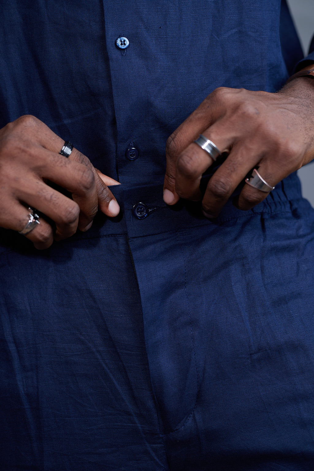 Navy Linen Set — Mandarin Shirt & Drawstring Pant