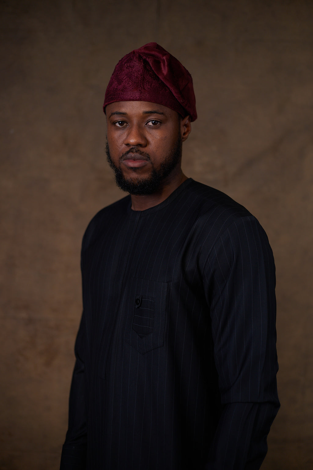 Burgundy Velvet Monotone Embroidered Yorùbá Cap