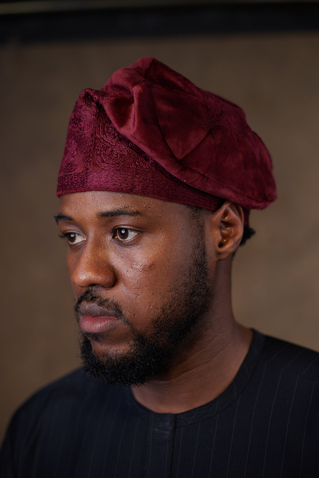 Burgundy Velvet Monotone Embroidered Yorùbá Cap