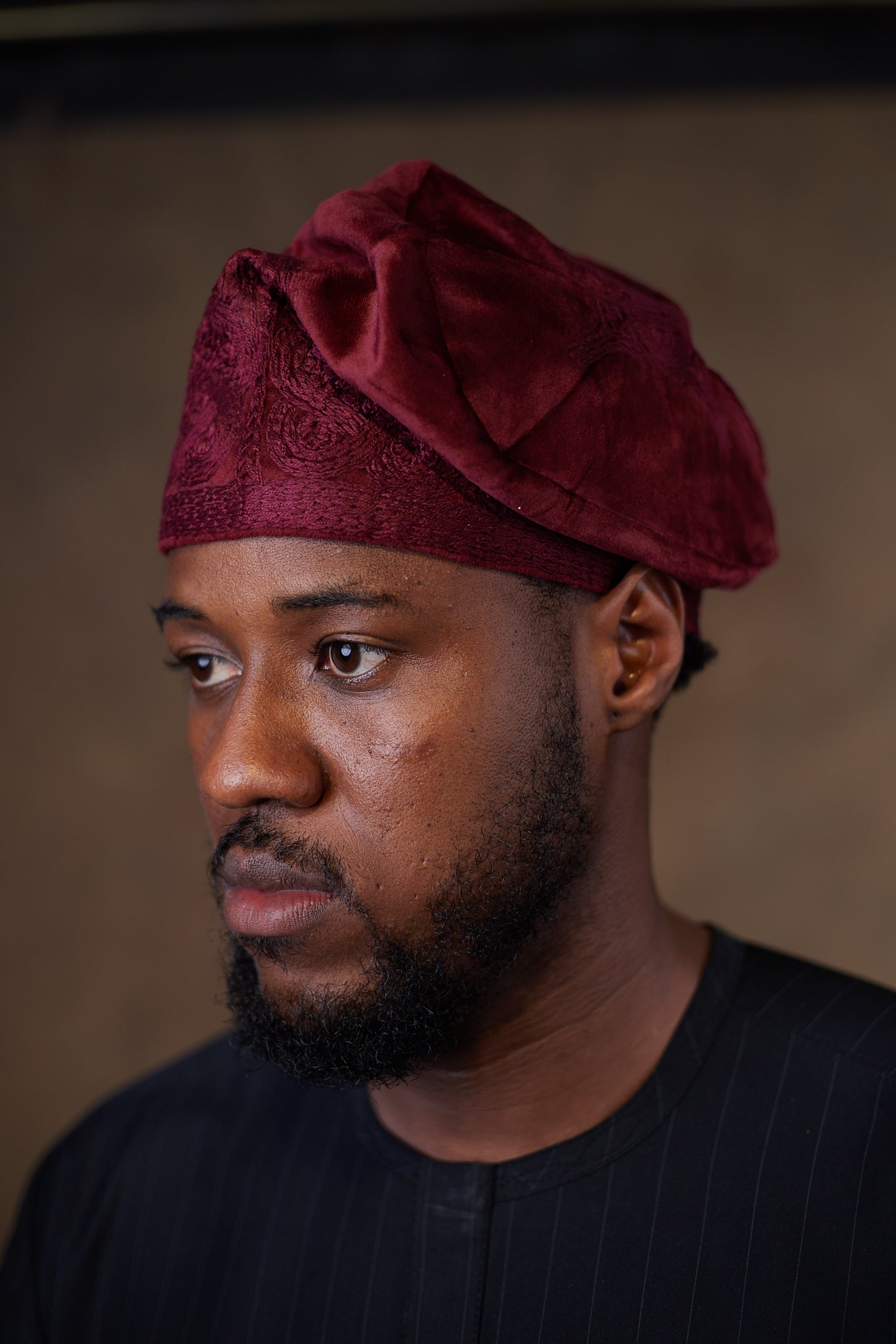 Burgundy Velvet Monotone Embroidered Yorùbá Cap