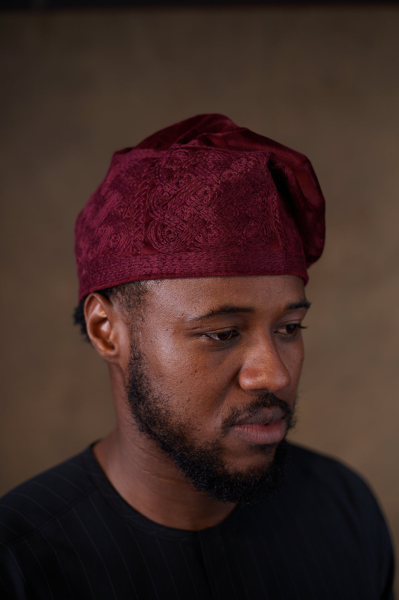 Burgundy Velvet Monotone Embroidered Yorùbá Cap