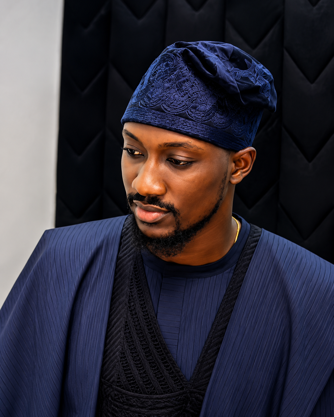 Navy Velvet Monotone Embroidered Yorùbá Cap