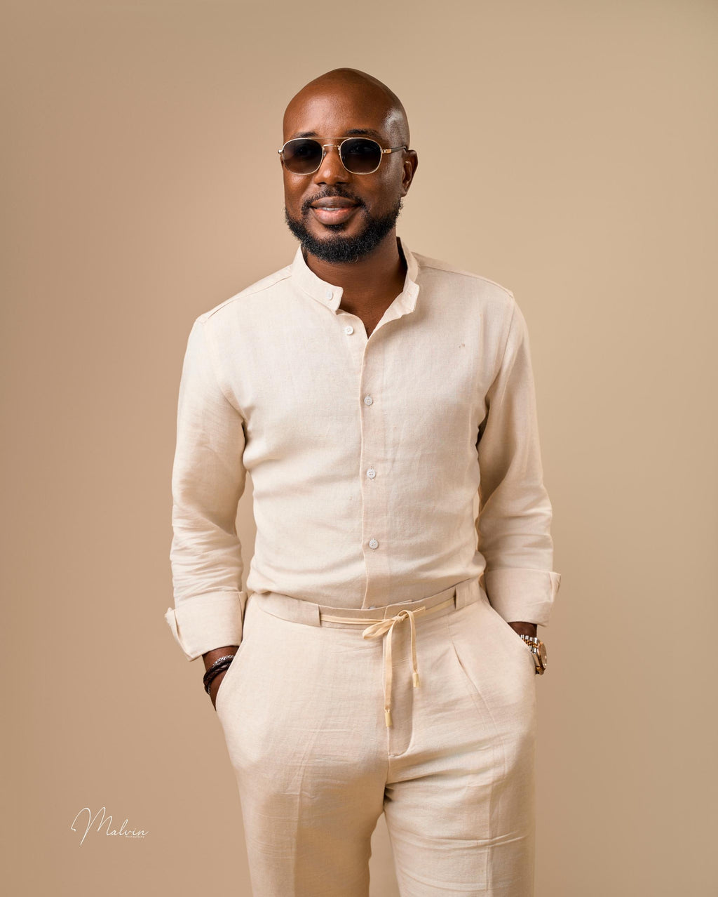 Beige Linen Set — Mandarin Shirt & Drawstring Pant