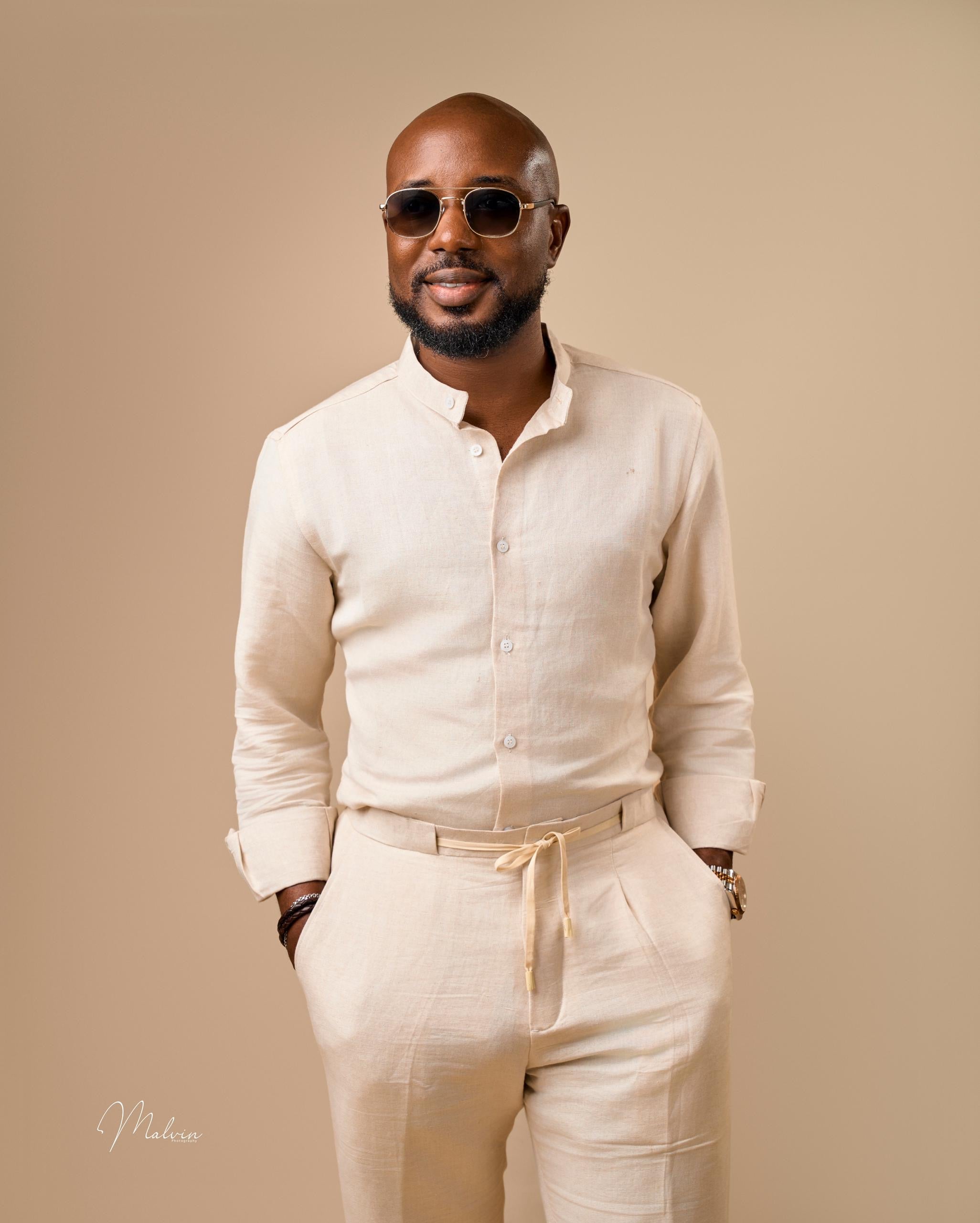 Beige Linen Set — Mandarin Shirt & Drawstring Pant